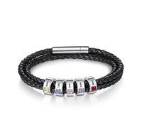 ALBERTBAND Men's Bracelet Black Personalized Birthstones Bracelets Silver Leather Bracelet Ladies with Engraving 1-5 Names Friendship Family Gifts Silver Charm Bracelet (5 names-21cm)