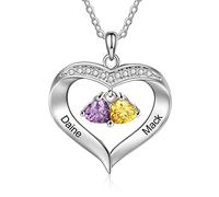 ALBERTBAND Personalized 1-8 Birthstones Necklace Silver 925 Necklace Ladies Heart Pendant with Name Engraving Mother Daughter Chain Gift for Mother's Day Valentine's Day Christmas (2 names)