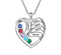 ALBERTBAND Personalized Necklace Silver 925 Women's Heart Pendant Necklace with Names Engraving Mother Daughter Gift for Mother's Day Valentine's Day Christmas (5 stones)