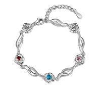 ALBERTBAND Personalized Rose Flower Bracelet with 1-6 Names and Simulated Birthstones Silver Adjustable Charms Bracelets for Women Wife Girls Valentine's Day Christmas (3 names)