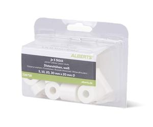 Alberts 338718 Spacer Sleeve | Plastic | Plastic, White | 20 Pieces with 4 Sizes | 20 x 5 mm / 20 x 10 mm / 20 x 20 mm / 20 x 30 mm