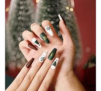 Albiuev 24PCS Christmas Long False Nails with Glue Stickers,Coffin Full Cover Acrylic Nails Press on Nails no Glue,Green Christmas Tree Fake Nails Stick on Nails for Women and Girls Nail Art.