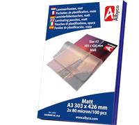 Albyco Matte Laminating Pouches, Laminating Pouches, A3 Format, 303 x 426 mm, Thickness 2 x 80 (160) Microns, Matt, Pack of 100, Transparent