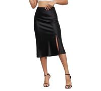 Alcea Rosea Women High Waist Silky Satin Midi Skirt Elastic Waist A Line Skirt with Slit (Black, S)