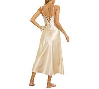 Alcea Rosea Women Satin Nightdress Sexy Long Chemise Negligee Criss-Cross Backless Tie Summer Nighties (X-Champagne, XXL)…