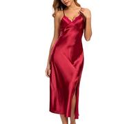 Alcea Rosea Women's Long Satin Negligee Nightgowns Lace Lingerie Chemises Sleepwear High Split Sexy Slip Silky Nightdress(Wine01, XXL)
