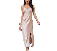 Alcea Rosea Women's Long Satin Negligee Nightgowns Lace Lingerie Chemises Sleepwear High Split Sexy Slip Silky Nightdress (Milky Tea, XXXL)