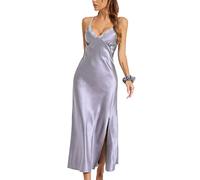 Alcea Rosea Women's Long Satin Negligee Nightgowns Lace Lingerie Chemises Sleepwear High Split Sexy Slip Silky Nightdress (Charcoal Grey, XXL)