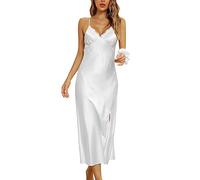Alcea Rosea Women's Long Satin Negligee Nightgowns Lace Lingerie Chemises Sleepwear High Split Sexy Slip Silky Nightdress (Pearl White, M)