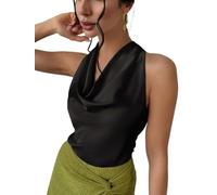 Alcea Rosea Women's Silky Satin Camisole Halter Wrap Tie Back Cowl Neck Sleeveless Draped Backless Blouse Tank Top 1888 (Black,M)