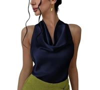 Alcea Rosea Women's Silky Satin Camisole Halter Wrap Tie Back Cowl Neck Sleeveless Draped Backless Blouse Tank Top 1888 (Navy,L)