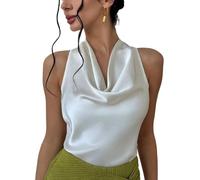 Alcea Rosea Women's Silky Satin Camisole Halter Wrap Tie Back Cowl Neck Sleeveless Draped Backless Blouse Tank Top 1888 (Beige,L)