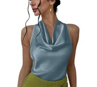 Alcea Rosea Women's Silky Satin Camisole Halter Wrap Tie Back Cowl Neck Sleeveless Draped Backless Blouse Tank Top 1888 (Blue,L)