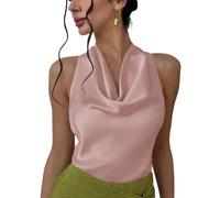 Alcea Rosea Women's Silky Satin Camisole Halter Wrap Tie Back Cowl Neck Sleeveless Draped Backless Blouse Tank Top 1888 (Pink,M)