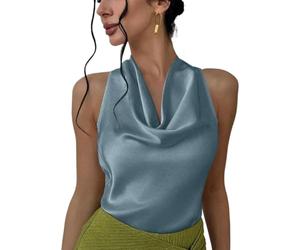 Alcea Rosea Women's Silky Satin Camisole Halter Wrap Tie Back Cowl Neck Sleeveless Draped Backless Blouse Tank Top 1888 (Blue,L)