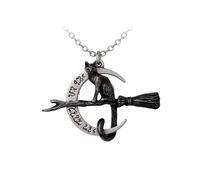 Alchemy England, Fine English Pewter Gothic Necklace, Black Cat on Broomstick Moon Pendant, 18g