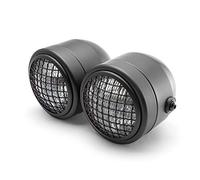 Alchemy Parts Retro Streetfighter Motorcycle Headlights | Motorbike Double Headlight Twin Dual bulb 35W | Custom Dominator Warrior Bandit Trike (Black with Grill)