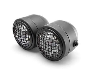 Alchemy Parts Retro Streetfighter Motorcycle Headlights | Motorbike Double Headlight Twin Dual bulb 35W | Custom Dominator Warrior Bandit Trike (Black with Grill)