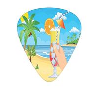 Alcohol Guitar Picks Picks 12 Pack with Thin Box,Glass of Cocktail in Hand with Tropical Landscape of Tree Trees Beach and Ocean,Special Guitar Plectrums Gift Set for Guitarist