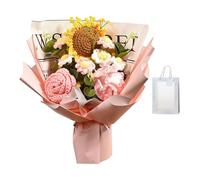 ALCXAZS Exquisite Crochet Flowers Bouquet Including Beautiful Handmade Knitted Roses and Daisies Table Centerpiece Handmade Knitted Bouquet Eternal Blessing Wedding, Pink, 35x27cm