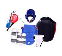ALCXAZS Karate Sparring Gear Set Includes Durable Headgear Shin Guards Kickboxing Arm Guards Padded Chest Guard Thickened Adjustable Padded Taekwondo Chest Guard, Blue, 110 to 130cm
