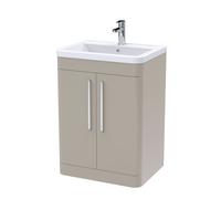 Aldershawe Contemporary Floor Standing 2 Door Vanity Basin Unit, Ceramic Basin, 600mm, Pebble Grey