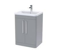Aldershawe Contemporary Floor Standing 2 Door Vanity Basin Unit, Ceramic Basin, 600mm, Satin Grey