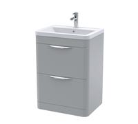 Aldershawe Contemporary Floor Standing 2 Drawer Vanity Basin Unit, Ceramic Basin, 600mm, Satin Grey