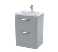 Aldershawe Contemporary Floor Standing 2 Drawer Vanity Basin Unit, Polymarble Basin, 600mm, Satin Grey