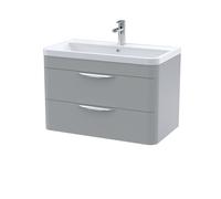 Aldershawe Contemporary Wall Hung 2 Drawer Vanity Basin Unit, Polymarble Basin, 800mm, Satin Grey