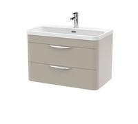 Aldershawe Contemporary Wall Hung 2 Drawer Vanity Basin Unit, Thin Edge Ceramic Basin, 800mm, Pebble Grey
