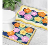 Aldopein Boho Floral Bathroom Rug Set 2 Piece Non Slip Washable, Colorful Cute Flowers 20’’x32’’ Bath Mat and 20’’x24’’ U-Shaped Contour Toilet Rug Absorbent, Soft Microfiber Bath Mat Set for Bathroom