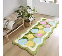 Aldopein Boho Floral Cute Bathroom Kitchen Runner Rugs 2x5 Non-Slip Washable, Bohemian Chic Aesthetic Bedside Indoor Entrance Entryway Rugs, Shaggy Colorful Green Flower Daisy Extra Long Bath Mat