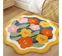 Aldopein Boho Floral Round Bath Mat 2ft Non Slip Washable Cute Colorful Flower Daisy Bathroom Rug Water Absorbent, Fluffy Shaggy Microfiber Circle Shower Floor Mat Bath Rug for Bathroom Yellow/Orange
