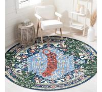 Aldopein Washable Blue Rugs Thin Oriental Boho Vintage Tropical Leopard 4ft Round Area Rugs for Bedroom Kitchen Dining Living Room Office Distressed Jungle Plants Indoor Entryway Circle Carpet