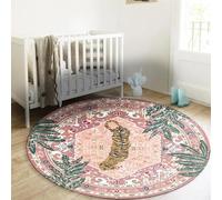 Aldopein Washable Pink Rugs Thin Oriental Boho Vintage Cute Tropical Leopard 4ft Round Area Rugs for Bedroom Kitchen Dining Living Room Office Indoor Entryway Distressed Nursery Circle Carpet