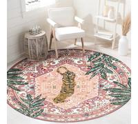 Aldopein Washable Pink Rugs Thin Oriental Boho Vintage Cute Tropical Leopard 6ft Round Area Rugs for Bedroom Kitchen Dining Living Room Office Indoor Entryway Distressed Nursery Circle Carpet