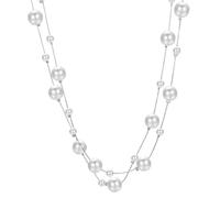 Aleasha Double Chain Layered Long Pearl Necklace for Women Multi Strand Necklace Faux White Pearl Silver Trendy Costume Jewelry Gifts