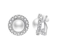 Aleasha Large Fake Pearl Clip On Earrings for Women Mabe Pearls Paved with Cubic Zirconia Platinum Plated Non Pierced Dainty wedding gifts