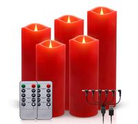 ALED LIGHT Red Real Wax Rechargeable Flameless Candles Flickering Realistic,Rechargeable LED Pillar Candles with Remote for Home Decor Idea Gift，Pack 5(D 2.2”X H 5”5.5”6”7”8”)