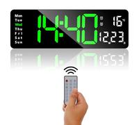 ALEENFOON 13" Large Digital Wall Clock With Remote Control, Dual Alarms, Temperature/Date/Time Display, Adjustable Brightness, Countdown Timer for Home, Gym, Office (Green)