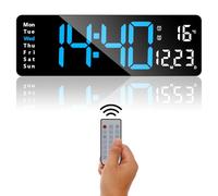 ALEENFOON Digital Wall Clock, 13" Large Digital Clock with Remote Control, Digital Alarm Clock with 2 Alarms/Temperature/Date/Time/Adjustable Brightness/Countdown for Home, Gym, Office(Blue)
