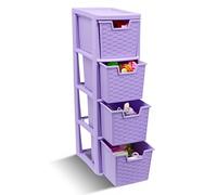 ALEEZ - 4 Tier Medium Plastic Drawer Storage Unit - Lilac Deep Pull-Out Drawers - Space-saving Multipurpose Storage Tower with Rattan Style Design H62 x D19 x W25 cm