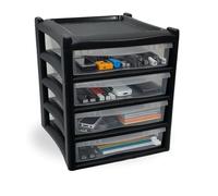 ALEEZ - 4 Tier Shallow Extra Large Clear Black Drawers - Modular & Portable Plastic Drawers Tower - Ideal for Office, School, & Garage - W 38cm D 39cm H 43cm