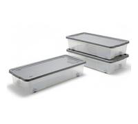 ALEEZ - 47L Underbed Storage Box with Wheels & Lid - Rolling Plastic Storage Container Organizer for Bedroom, Home, Office, & Closet - Stackable Space Saving Box for Clothes, Toys, Bedding (Clear, 3)