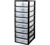 ALEEZ - A4 Plastic Slim Drawer Storage Unit - Multi Purpose Organiser Cabinet For Home Office Bedroom School Supplies Stationery Makeup Craft Storage Durable Design - (Black/Clear, A4 Slim 8 Drawers)