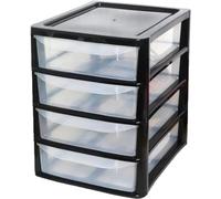 ALEEZ - A4 Slim Drawer Storage Unit - Small Plastic Desktop Tower - Tabletop Drawers for Office & School - Multi-Purpose Clear Drawers - Storage Unit for Small Spaces (Black/Clear, A4 Slim 4 Drawers)