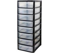 ALEEZ - A4 Slim Drawer Storage Unit - Small Plastic Desktop Tower - Tabletop Drawers for Office & School - Multi-Purpose Clear Drawers - Storage Unit for Small Spaces (Black/Clear, A4 Slim 8 Drawers)