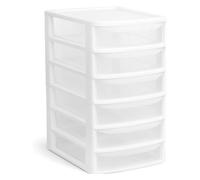 ALEEZ - A4 Slim Drawer Storage Unit - Small Plastic Desktop Tower - Tabletop Drawers for Office & School - Multi-Purpose Clear Drawers - Storage Unit for Small Spaces (White/Clear, A4 Slim 6 Drawers)
