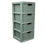 ALEEZ - Large Plastic Drawer Storage Unit - Rattan Effect 2 Drawer Cabinet - Multipurpose Storage Organiser - Office, Tabletop Desktop Drawer - Bedroom Chest Drawer Unit - (Sage Green, 4 Drawer)